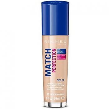 Rimmel London Match Perfection Liquid Foundation, Long-lasting Hydrating Formula with Smart-tone Technology and SPF 20 Formula, 10 Light Porcelain, 30 ml