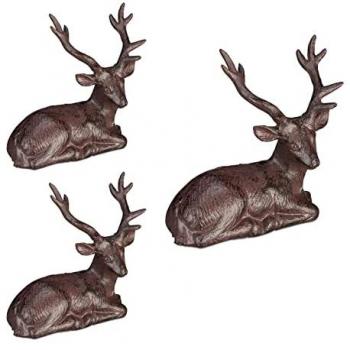 Set de 3 Figuras de Ciervo Tumbado Decorativas, Rústicas, Resistentes a Intemperie para Jardín y Balcón, Hierro Fundido, Color Marrón