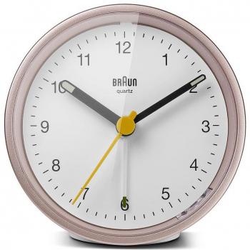 Braun BC12PW Classic Analog Alarm Clock with Snooze and Light, Quiet Quartz Movement, Beep Alarm in White and Rose