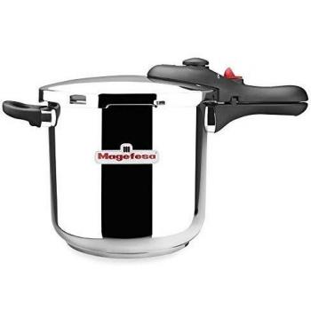MAGEFESA DB Olla a presión super rápida de fácil uso, acero inoxidable 18/10, apta para todo tipo de cocinas, incluido inducción. Acero inoxidable, fondo termo difusor encapsulado de 5 capas. 6L