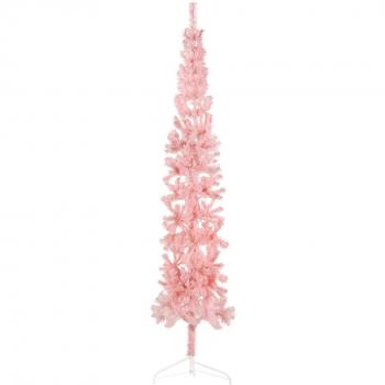 Árbol de Navidad artificial medio delgado con soporte en color rosa, ideal para decoración navideña, fácil de montar y almacenar