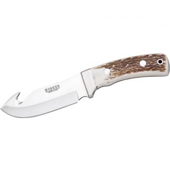 Cuchillo Desollador Joker Oso D CC55 con Cachas de Asta de Ciervo, Hoja de 12 cm MOVA y Funda de Cuero Marrón - Herramienta para Pesca, Caza, Camping