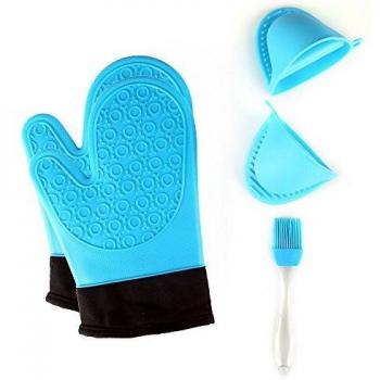 Jonhen - Guantes de Horno de Silicona Resistentes al Calor, Antideslizantes con Forro de algodón para cocinar. 1 par de Guantes de Horno, Pincel Extra y portaollas