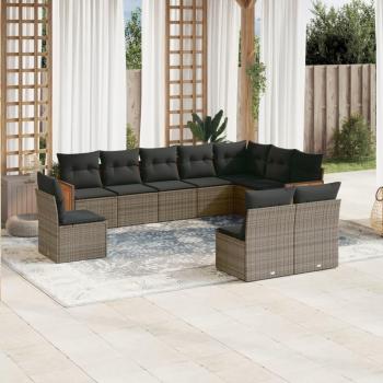 10-Piece Grey Poly Rattan Garden Sofa Set with Cushions