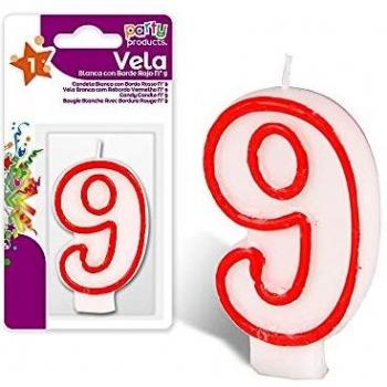 Vela Número 9 Blanca con Borde Rojo de 7 cm para Fiestas