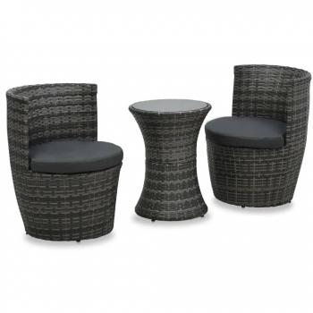 3-Piece Grey Poly Rattan Bistro Set with Cushions