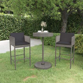 3-Piece Grey Poly Rattan Garden Bar Set with Cushions