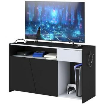 Mueble TV TexGen Moderno Color Negro Stipple y Gris con 2 Puertas Abatibles y 1 Cajón, Dimensiones 113x67x40 cm, Ideal para Dormitorio Juvenil o Salón