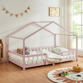 Cama Infantil Treviolo Forma de Casa con Riel de Seguridad 120x200 cm - Rosa