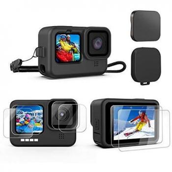 Kupton kit de accesorios para gopro hero9 black 10 piezas funda protectora de silicona con cordon 6 vidrios templado para proteger la lente de la pantalla 3 tapas de lentes para gopro 9 black
