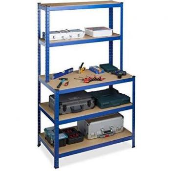 Estantería de Carga Pesada con Banco de Trabajo, 5 Balas, Capacidad 900 kg, Modular, 180x100x60 cm, Metal y MDF, Azul - Relaxdays