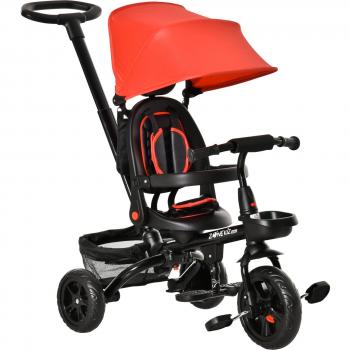 Triciclo Homcom 4 en 1 - Rojo con Asiento Giratorio, Capota Ajustable y Mango de Empuje Telescópico