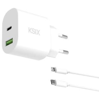 Cargador de Red Ksix 20W, Power Delivery, Carga Rápida, GaN, USB-C + USB-A, Cable USB-C a Lightning 1m, Blanco