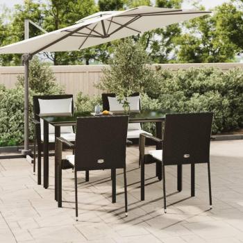 5-Piece Black Poly Rattan Garden Dining Set with Cushions