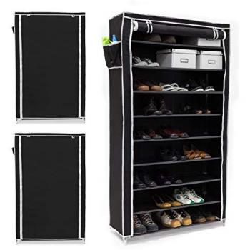 Zapatero Vertical Relaxdays 3 en 1, 161x88x30 cm, Capacidad para 45 Pares de Zapatos, 10 Estantes, Cubierta con Cremallera, Color Negro