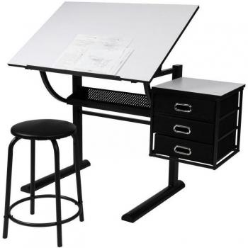 Mesa de Dibujo Nova MIADOMODO® - Ajustable, Reclinable, con Taburete, 3 Cajones de Almacenamiento Adicional, Materiales MDF y PVC, Estructura de Acero, Carga