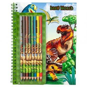 Depesche- Libro para Colorear con Pegatinas, Dino World, Incluye 8 lápices de Colores.