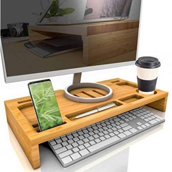 Soporte de monitor de bambú con ranuras de ventilación y compartimentos de almacenamiento 60x8,5x30 cm
