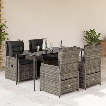 5-Piece Grey Poly Rattan Garden Dining Set with Cushions