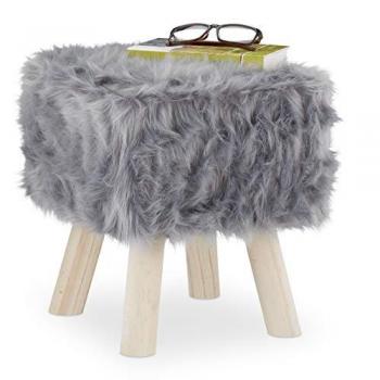 Taburete Bajo Relaxdays de Pelo Sintético con Patas de Madera, Reposapiés, 37x32x32 cm, Gris