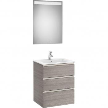 Conjunto de baño Roca The Gap con mueble de 3 cajones, lavabo central y espejo LED en acabado roble