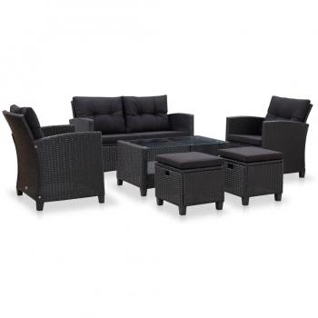 vidaXL 6-Piece Black Poly Rattan Garden Sofa Set with Cushions
