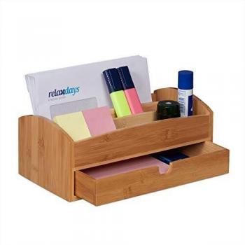 Organizador de escritorio de bambú con cajón y 3 compartimentos, 11 x 27,5 x 15 cm, natural