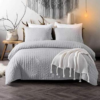 Vivilineneu Juego de Funda nórdica Seersucker, 3 Piezas Juego de Cama de Microfibra Lavada al Agua, Estilo Natural, con Cremallera y Esquinas, Gris Claro 230x220cm