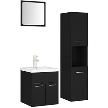 Conjunto de muebles de baño aglomerado negro con lavabo empotrado, fregadero escurridor, grifo, espejo y tocador en color negro