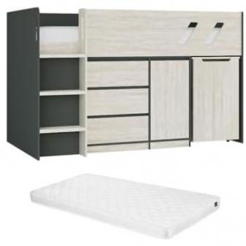 Cama combinada 90 x 190 cm con escritorio y almacenamiento - Color antracita y gris natural + Colchón - SAGITI