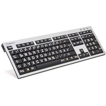 Teclado Logickeyboard XL-Print Slimline Cableado USB Alemán con Letras Grandes en Blanco sobre Negro y Hub USB