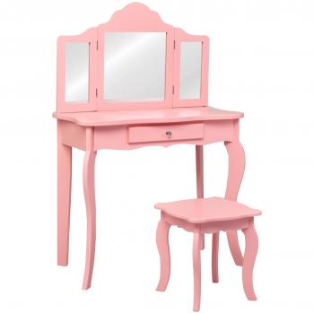 Tocador para Niños Costway con Taburete y Espejo Plegable en 3 Partes, Cajón Rosa, Dimensiones: 70 x 34 x 104 cm, Material: MDF y Madera