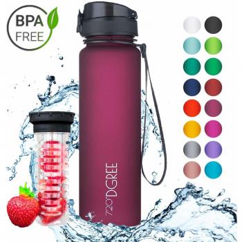 720°DGREE Botella de agua uberBottle – 1 litro, 1l, 1000ml, Ciruela | Novedosa botella deportiva | Sin BPA | Para niños, fitness, bicicleta, deportes, fútbol, guardería, escuela, pequeños, antigoteo