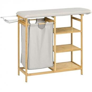 Cesto de Ropa Sucia 57,4L con Tabla de Planchar y Estante de 3 Niveles, Bolsa Extensible y Extraíble, Bambú Natural