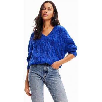 Desigual Vibrant V-Neck Sweater with Contrasting Details - XL, Female, Blue, Knitwear