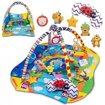 Lionelo Anika Alfombrilla educativa 115 x 100 x 53 cm 12 kg Almohada Tummy Time 2 arcos 4 juguetes colgantes - sonajeros mordedores Espejo Libro interactivo Amarillo y Azul
