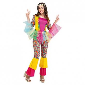 Disfraz de Hippie Multicolor para mujer My Other Me, incluye blusa de manga larga con estampado psicodélico, pantalones acampanados, cinturón y diadema a juego