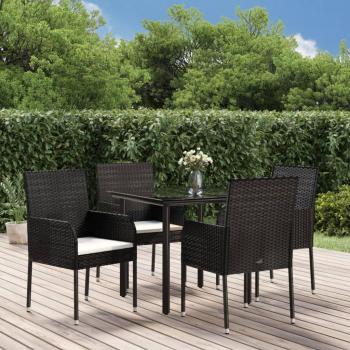 5-Piece Black Poly Rattan Garden Dining Set with Cushions