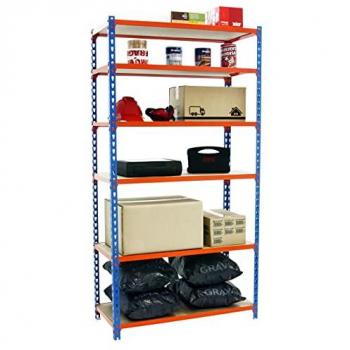SimonRack Estantería Metálica de Almacenaje de Acero, 2500x1200x300 mm, 6 Baldas de Madera, Soporta 200 kg de Punto Flexión por balda, Azul/Naranja