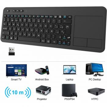 Teclado Táctil Inalámbrico, WisFox Teclado Inalámbrico Ultra Delgado de 2.4G con Trackpad Multitoque de Gran TamañoIncorporado para Smart TV HTPC Tableta PC Computadora Portátil Google Windows Android