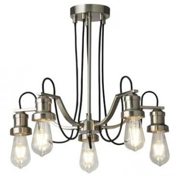 Araña contemporánea Olivia de acero inoxidable y acero dulce en color plata satinado, con 5 luces E27