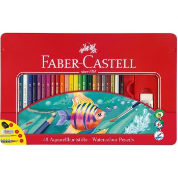 Faber-Castell 115933 - Estuche de metal con 48 lápices de colores acuarelables, lápiz de grafito GRIP 2001, pincel, afilalápices y goma de borrar, multicolor