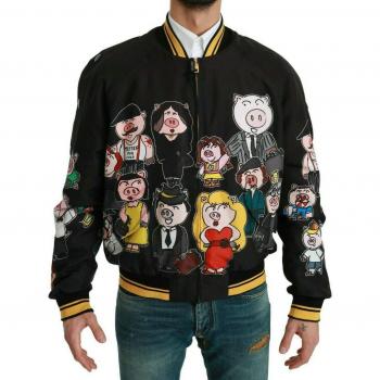 Dolce & Gabbana Black YEAR OF THE PIG Bomber Jacket - IT48 | M, Male, Multicolor, Size: M, Black Pig Motif Bomber Jacket 2019