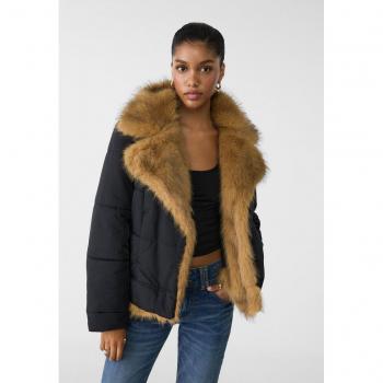 Stradivarius Black Double-Faced Nylon Aviator Jacket with Faux Fur Details M
