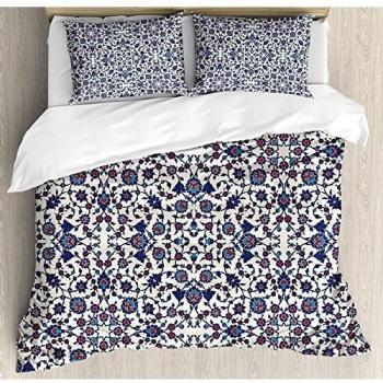 Juego de sábanas Arabesque de 3 piezas Juego de funda nórdica, estampado de flores marroquí con diseño barroco rococó victoriano, juego de fundas de edredón / edredón de 3 piezas con 2 fundas de almoh