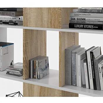 Estantería Librería, Salón, Comedor o Despacho, Modelo Zig-Zag, Acabado en Blanco Artik y Roble Canadian, Medidas: 145 cm