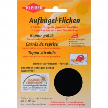 Kleiber - Parche de reparación de algodón, termoadhesivo, tamaño Grande, 40 x 12 cm, Color Negro