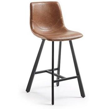 Kave Home - Taburete Alto de Bar Trap marrón 61 cm con Respaldo de Piel sintética y Patas de Acero en Negro