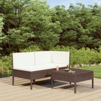 3-Piece Brown Poly Rattan Garden Lounge Set with Cushions