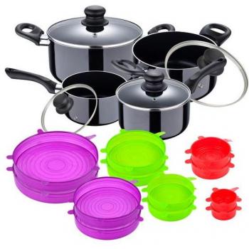 Juego de batería de cocina San Ignacio Porto en aluminio prensado con 8 piezas y set de 12 tapas de silicona en color negro